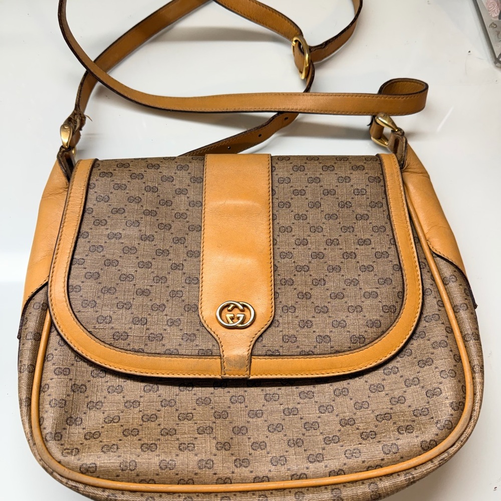 Gucci Tan and Brown Monogram Shoulder Bag